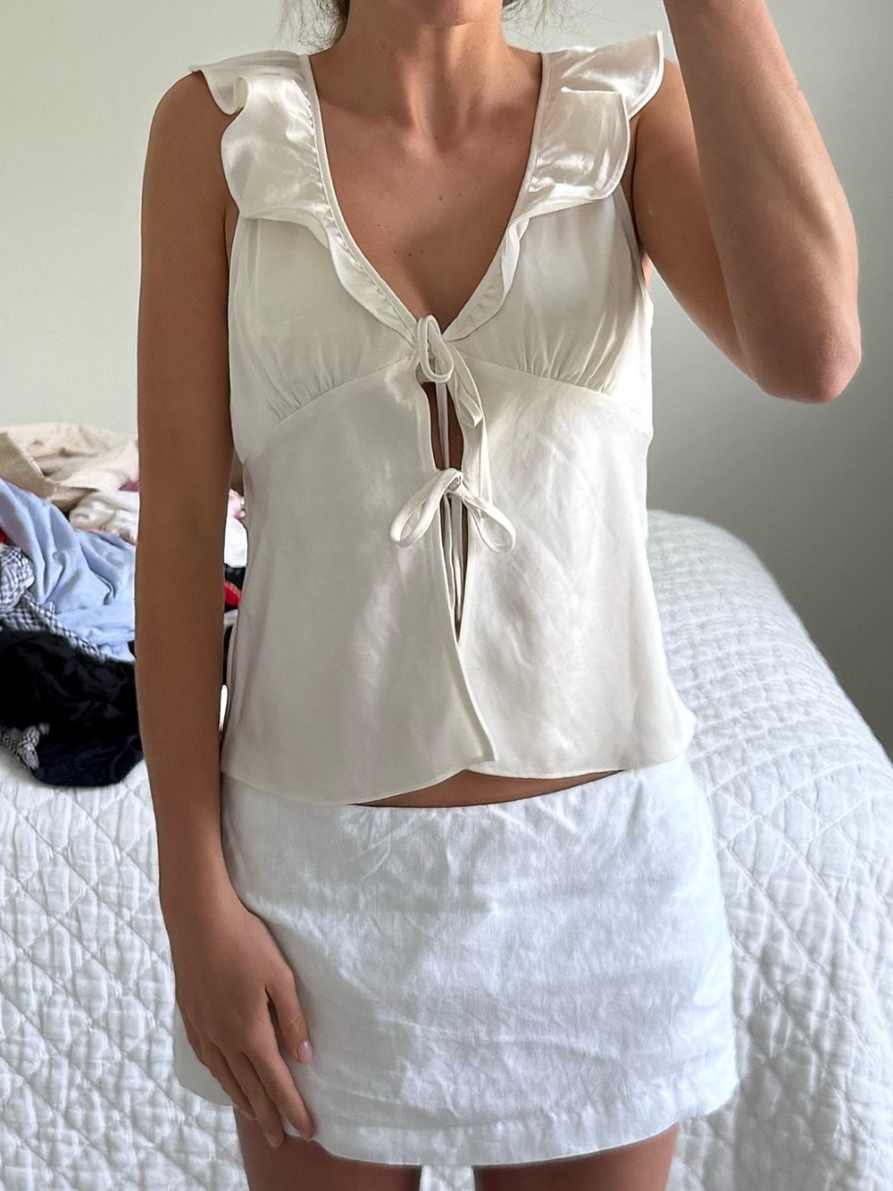 Wilfred Cream Tie-Front Ruffle Strap Blouse
